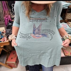 RB27 A Rare Bird A Tattered T Light Blue Graphic Top